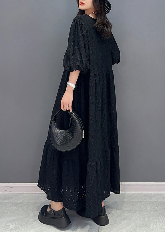 Simple Black O-neck Wrinkled Elastic Waist Long Dress Summer