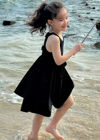 Simple Black O Neck Wrinkled Patchwork Cotton Baby Dresses Sleeveless