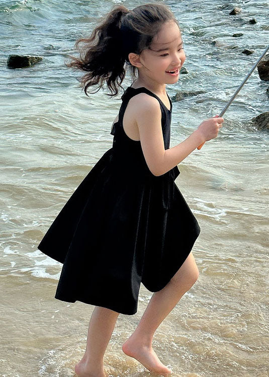 Simple Black O Neck Wrinkled Patchwork Cotton Baby Dresses Sleeveless