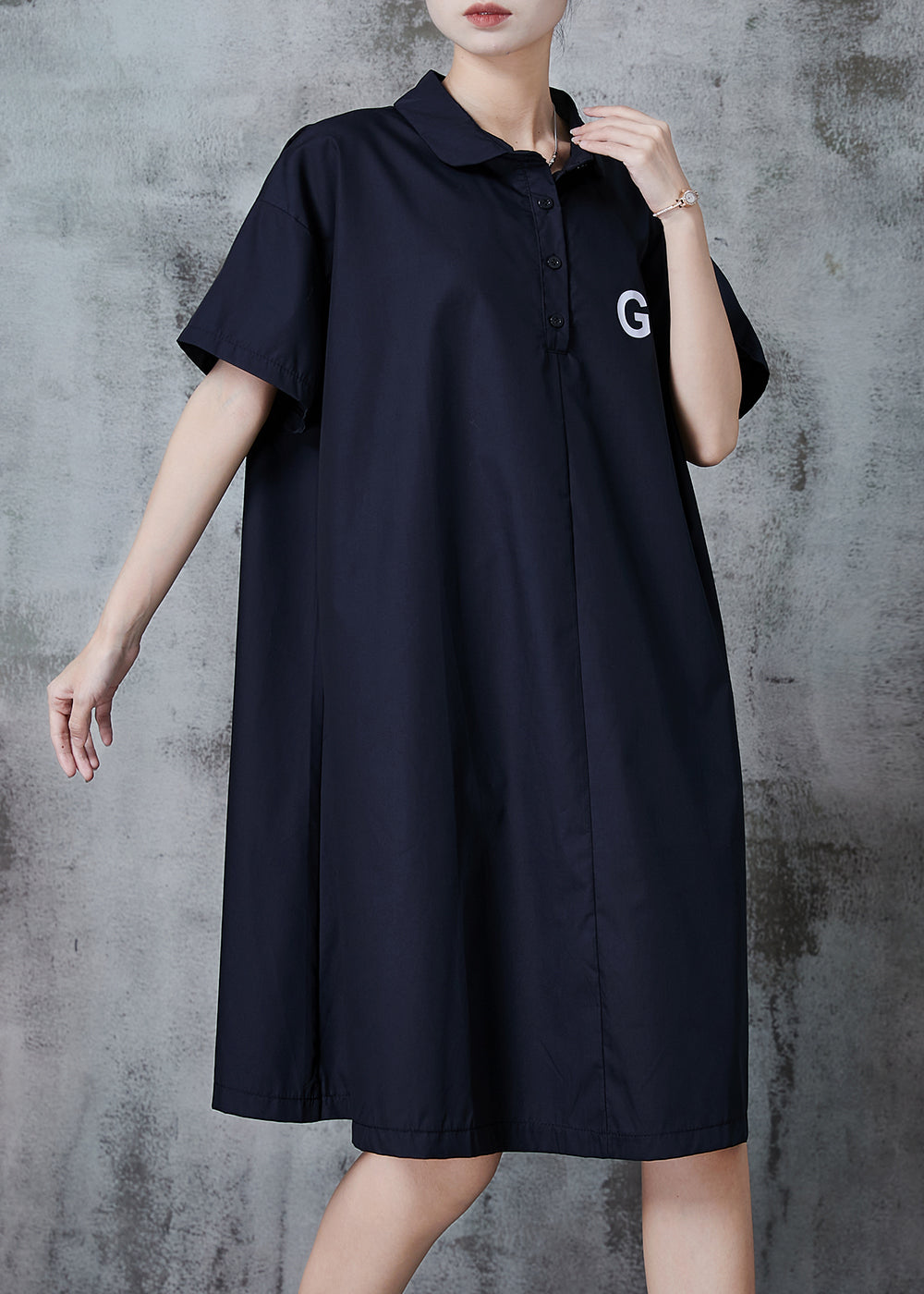 Simple Black Oversized Go Print Cotton Shirt Dress Spring