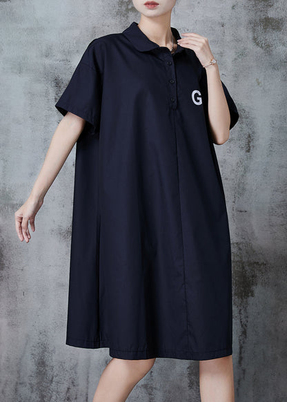 Simple Black Oversized Go Print Cotton Shirt Dress Spring