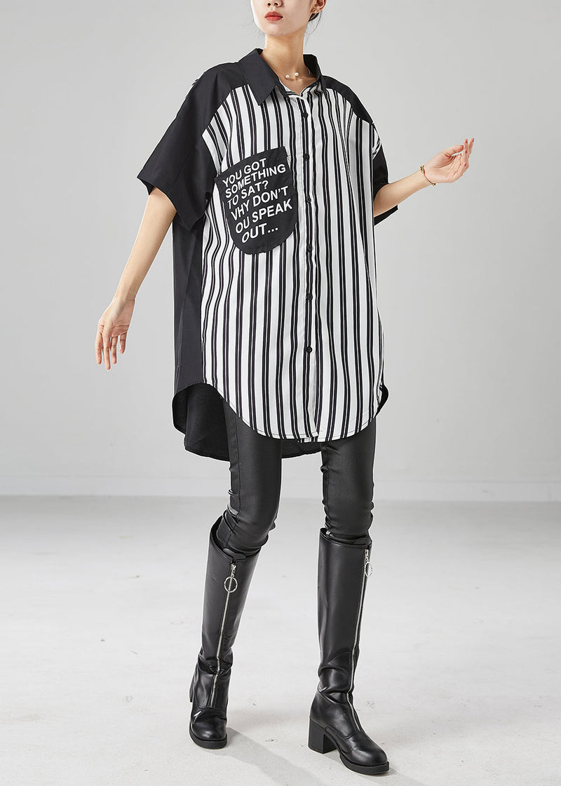 Simple Black Oversized Patchwork Striped Cotton Shirt Dress Summer