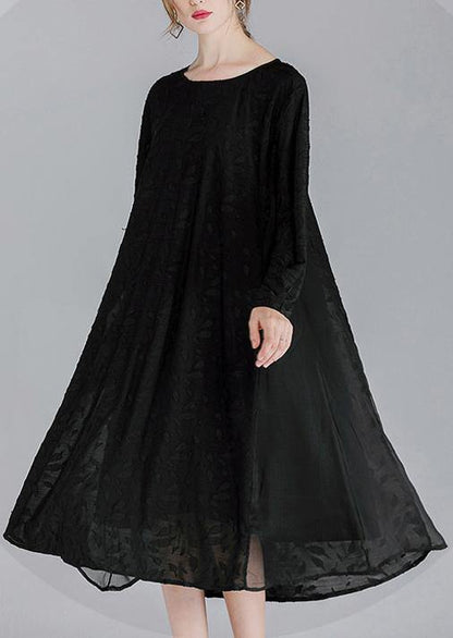 Simple Black Patchwork Chiffon Long Sleeve Spring Summer Dress