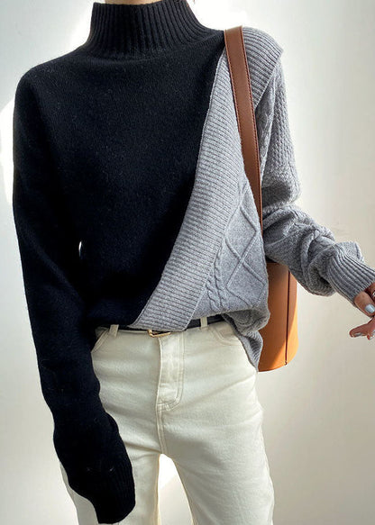 Simple Black Patchwork Grey Fall Sweater