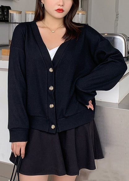 Simple Black V Neck Button Patchwork Knitting Cardigan Fall