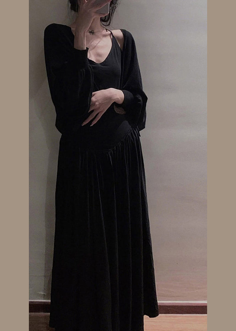 Simple Black V Neck Cotton Cardigans and Long Slip Dress Two Piece Set Summer