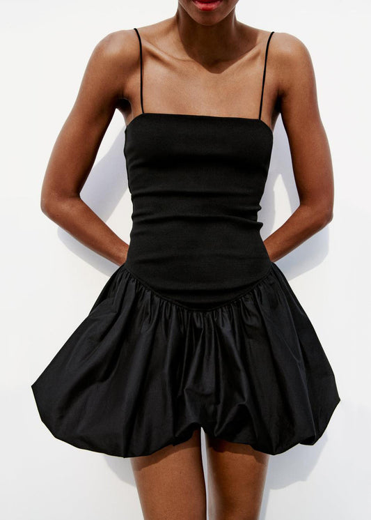 Simple Black Wrinkled High Waist Cotton Spaghetti Strap Dress Summer