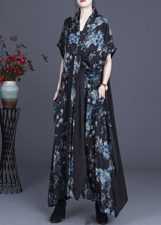 Simple Blue Patchwork V Neck Long Dress Summer