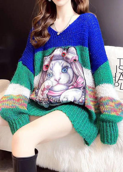 Simple Blue Loose Patchwork Fall Sweater