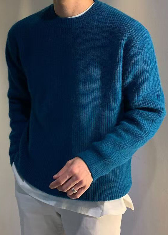 Simple Blue O Neck Knit Sweaters Spring