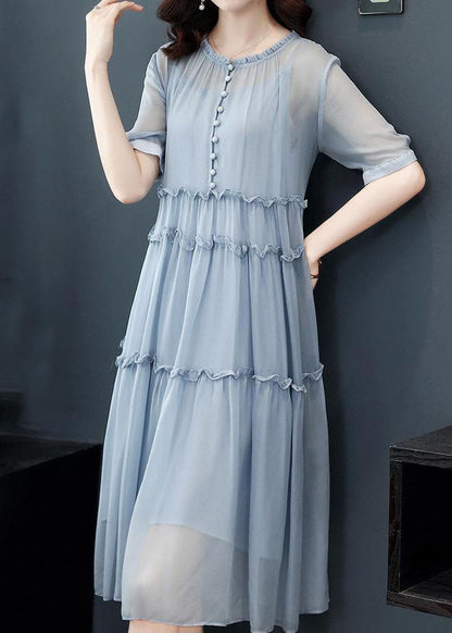 Simple Blue O-neck Wrinkled Patchwork Silk Two Pieces Set Dress Summer