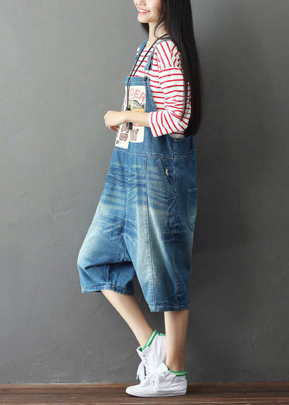 Simple Blue Oversized Patchwork Applique Cotton Denim Jumpsuits Summer