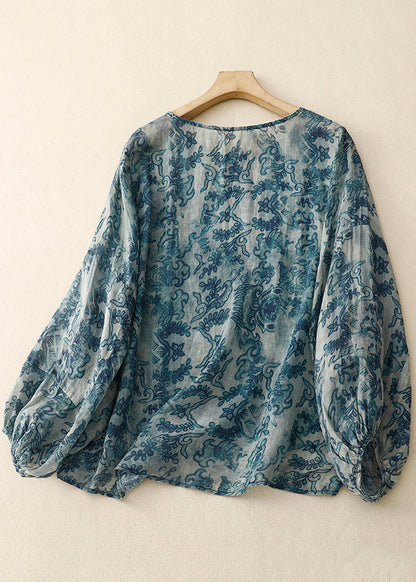 Simple Blue Oversized Print Linen Shirt Tops Lantern Sleeve