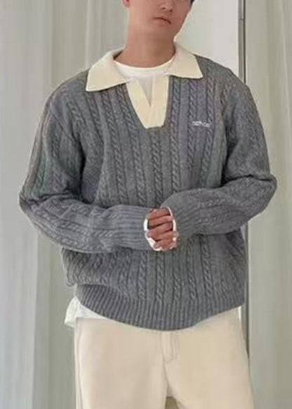 Simple Blue Peter Pan Collar Patchwork Cable Knit Sweaters Spring