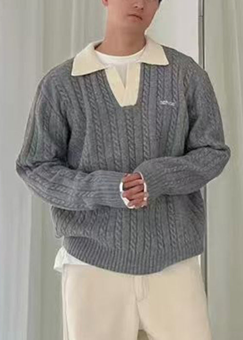 Simple Blue Peter Pan Collar Patchwork Cable Knit Sweaters Spring