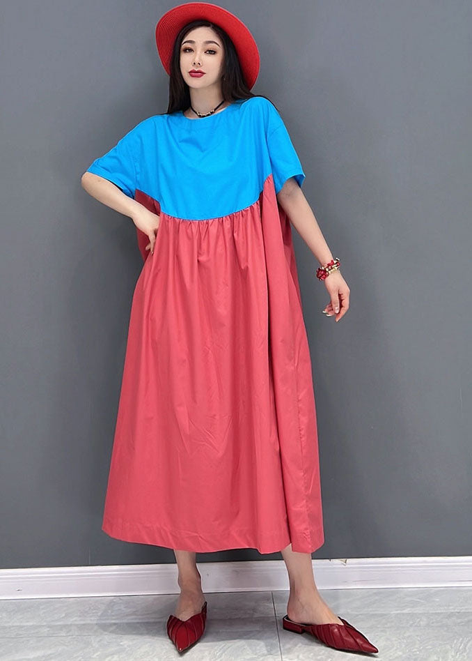 Simple Blue Red Oversized Patchwork Cotton a Line Dress Short Sleeve