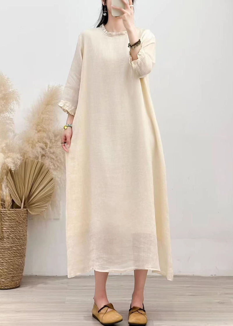 Simple Blue Ruffled Patchwork Linen Long Dress Summer