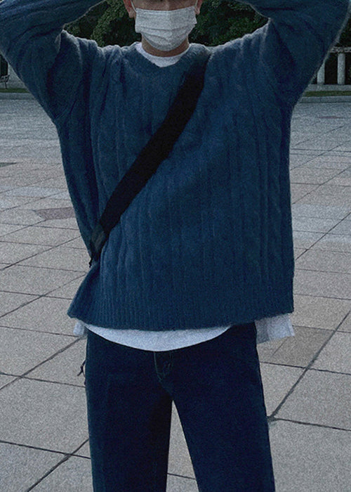 Simple Blue V Neck Thick Cable Cozy Knit Sweaters Spring