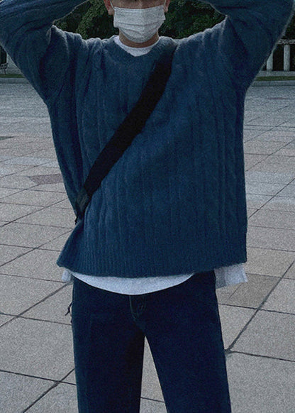 Simple Blue V Neck Thick Cable Cozy Knit Sweaters Spring