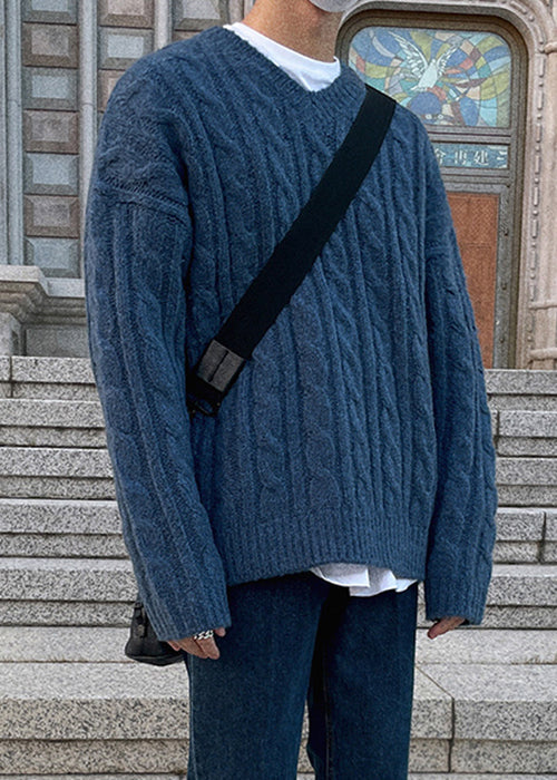 Simple Blue V Neck Thick Cable Cozy Knit Sweaters Spring