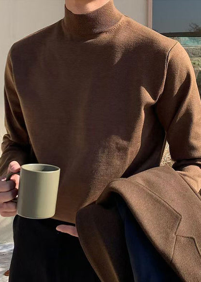Simple Brown Turtleneck Knit Sweaters Winter