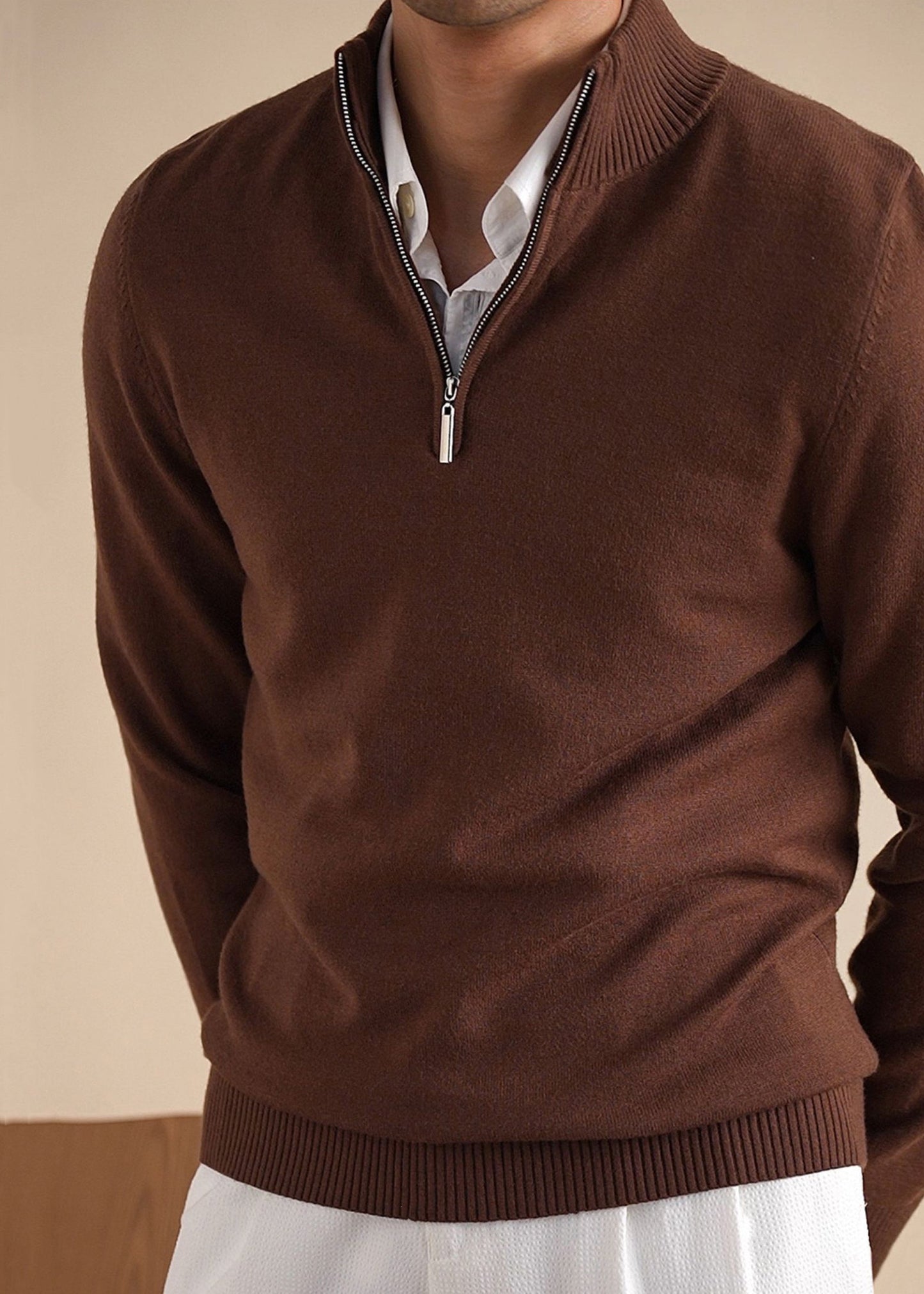 Simple Brown Zip Up Cozy Knit Sweaters Clothing