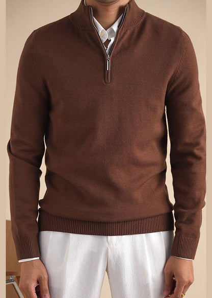 Simple Brown Zip Up Cozy Knit Sweaters Clothing
