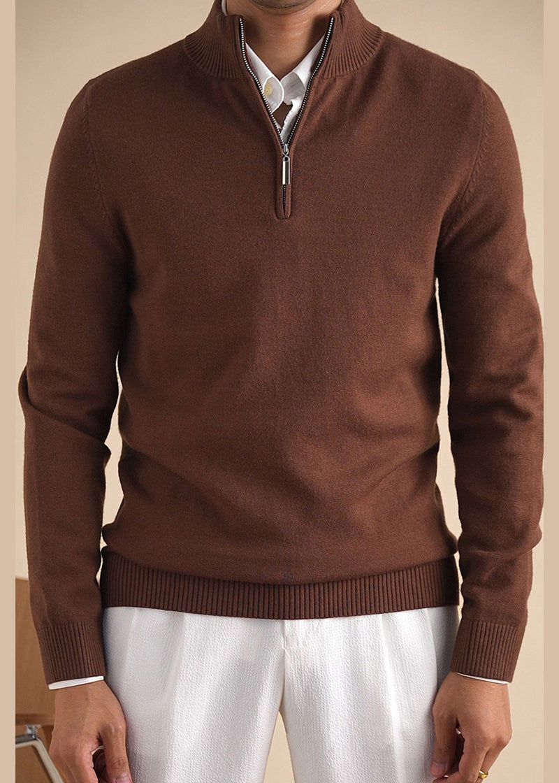 Simple Brown Zip Up Cozy Knit Sweaters Clothing