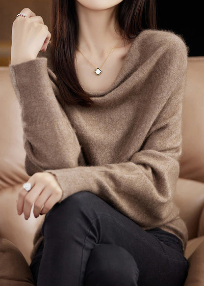 Simple Camel Cozy Cashmere Knit Sweater Batwing Sleeve