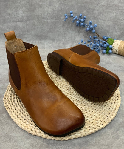 Simple Camel Splicing Cowhide Leather Ankle Boots