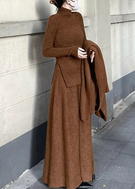 Simple Caramel Turtleneck Side Open Knit Two Pieces Set Spring