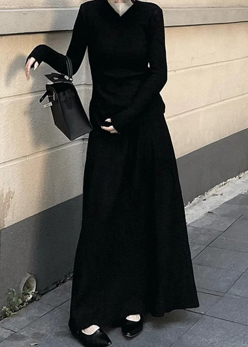 Simple Caramel Turtleneck Side Open Knit Two Pieces Set Spring