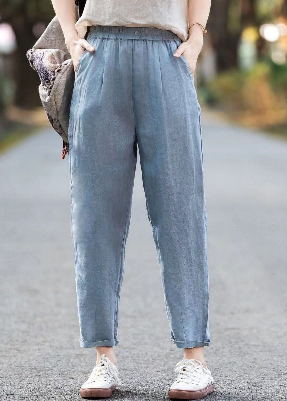 Simple Blue Pockets Elastic Waist Linen Pants Summer
