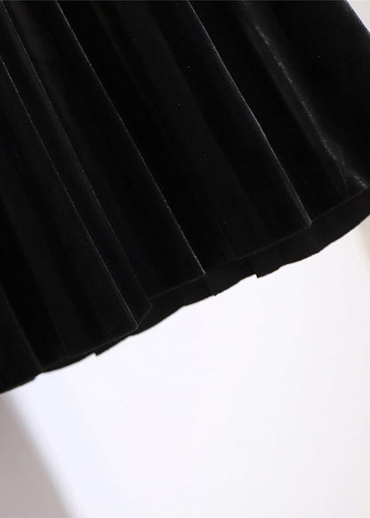Simple Coffee Elastic Waist Patchwork Velour Pleated Skirt Fall