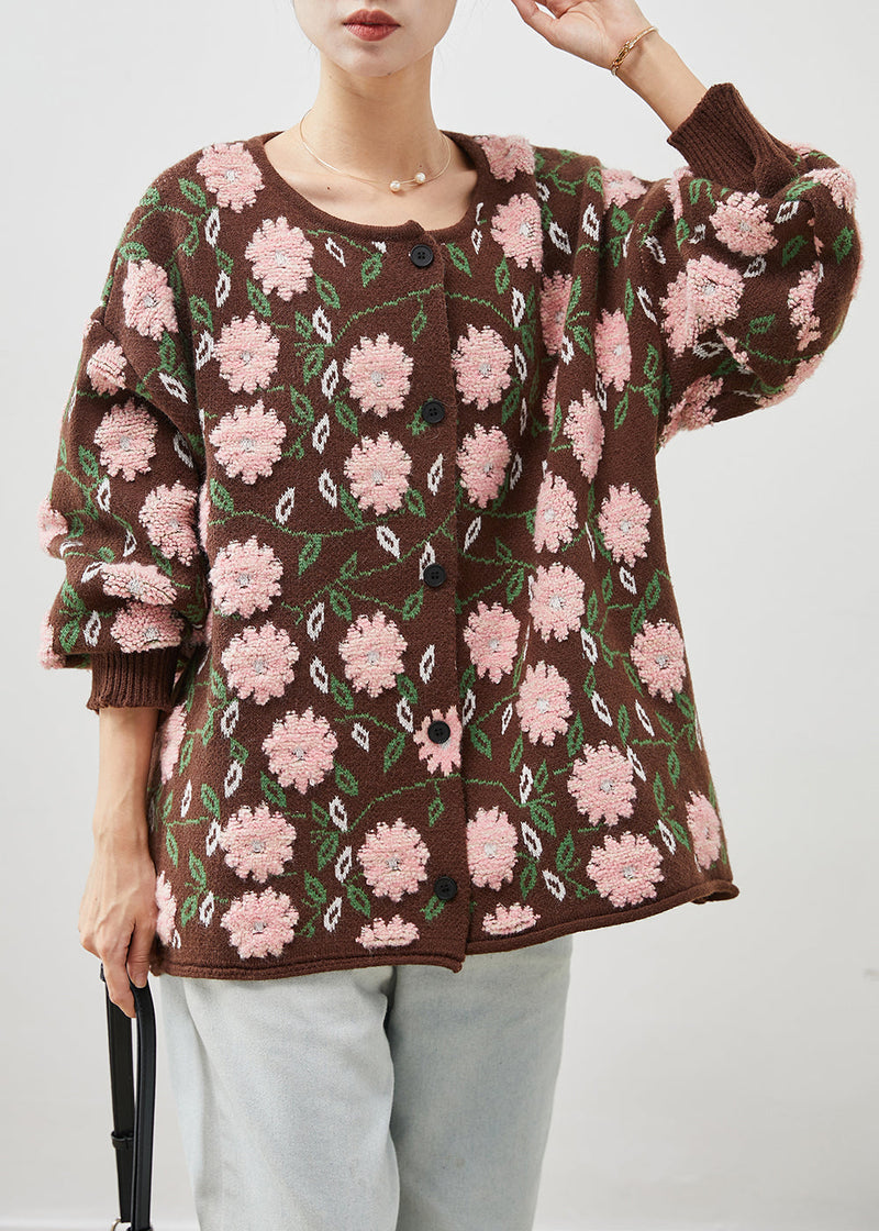 Simple Coffee Oversized Jacquard Knit Cardigan Winter