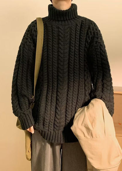 Simple Dark Gray Cozy Cotton Cable Knit Sweaters Turtleneck Winter