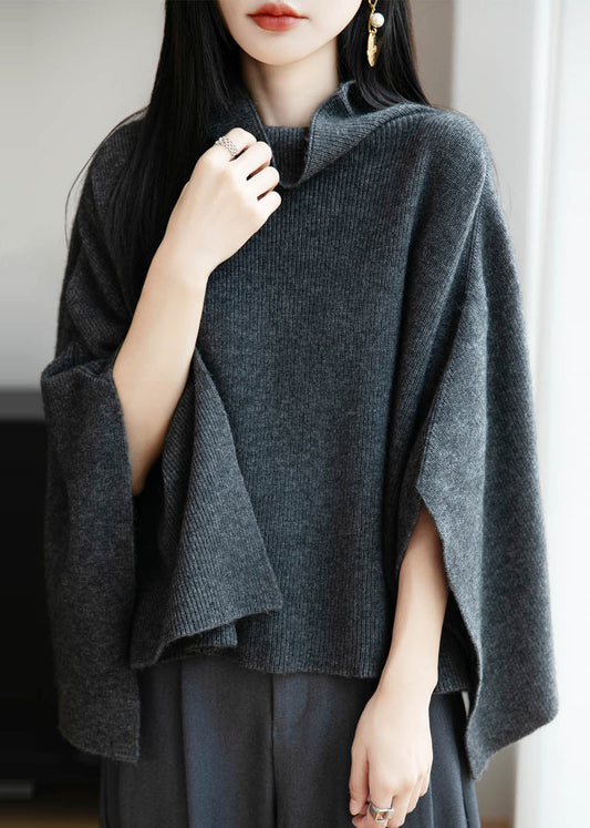 Simple Dark Gray Cozy Wool Sweaters Batwing Sleeve