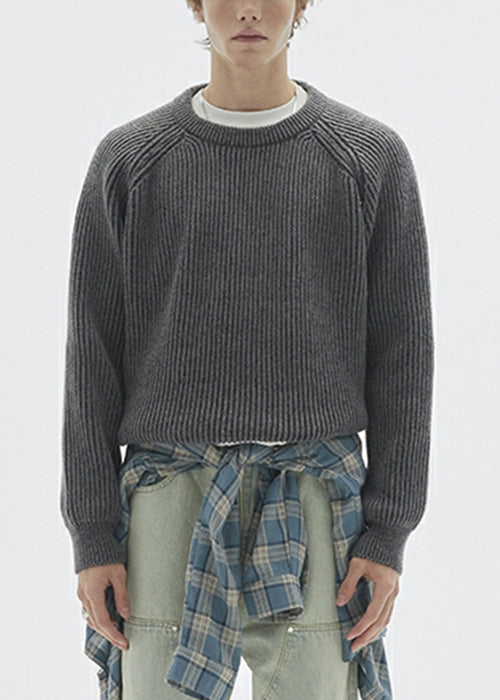 Simple Dark Gray O Neck Knit Sweaters Spring