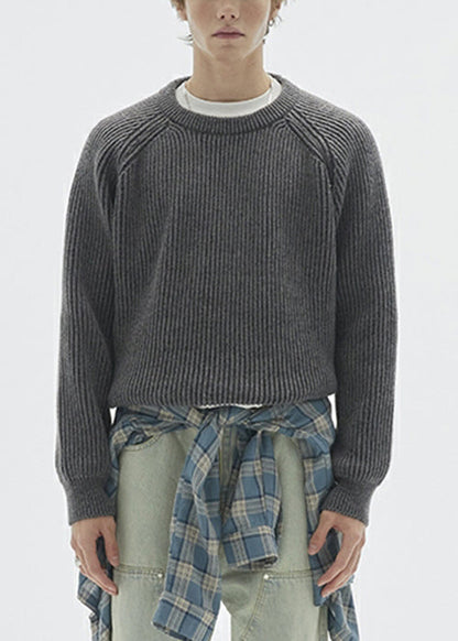 Simple Dark Gray O Neck Knit Sweaters Spring