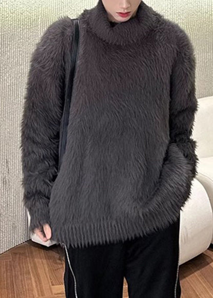 Simple Dark Gray Mink Hair Knitted Sweaters Turtleneck Winter