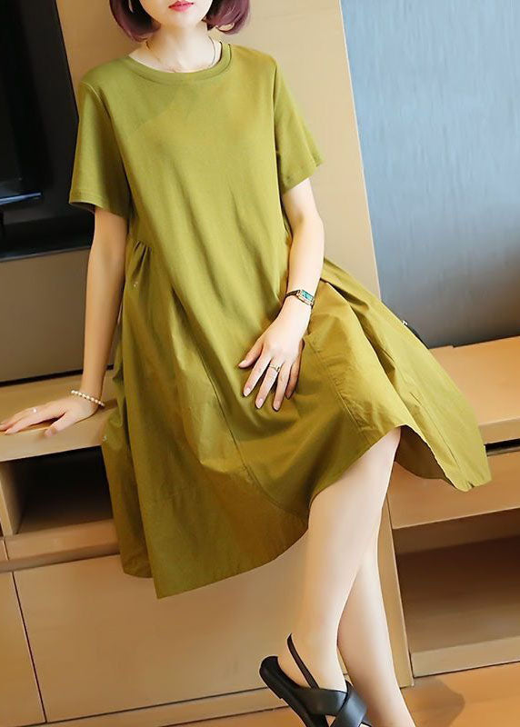 Simple Grass Green O-neck Patchwork Exra Large Hem Cotton Dress Summer