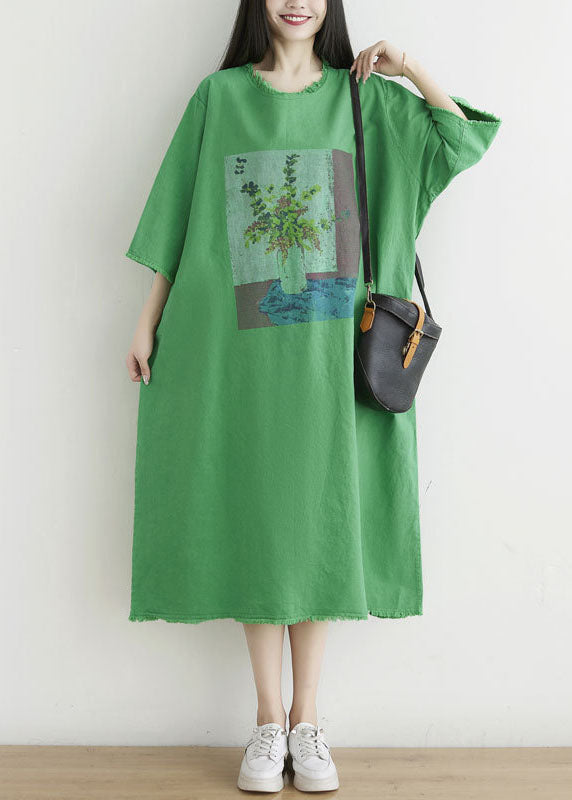 Simple Green O-neck Oversized Print Cotton Dress Half Sleeve