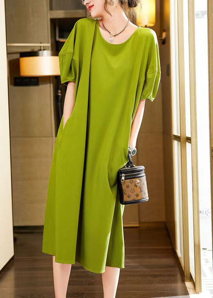 Simple Green O-neck Patchwork Long Dress Short Sleeve