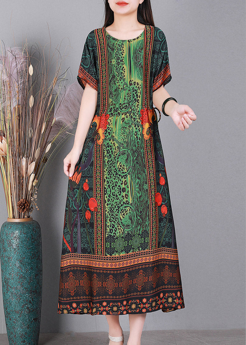 Simple Green O-neck Print Silk Long Dresses Short Sleeve