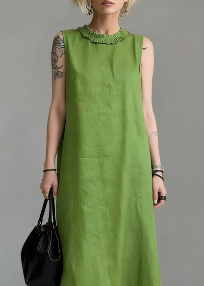 Simple Green Ruffled Cotton Long Dress Sleeveless