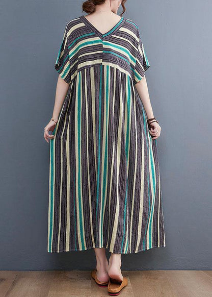 Simple Green Striped V Neck Patchwork Cotton Linen Long Dress