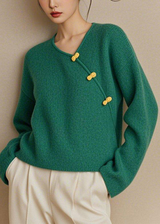 Simple Green V Neck Button Knit Sweater Spring