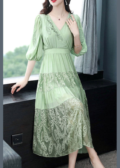 Simple Green V Neck Embroidered Elastic Waist Silk Long Dress Short Sleeve