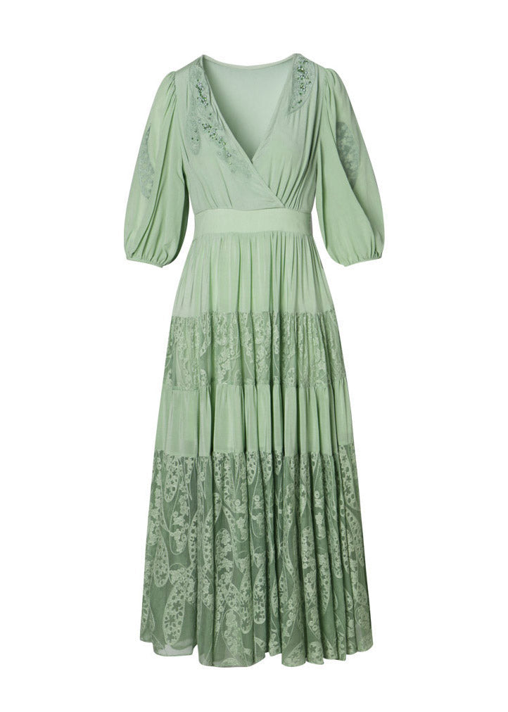 Simple Green V Neck Embroidered Elastic Waist Silk Long Dress Short Sleeve