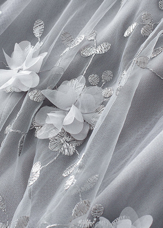 Simple Grey Embroideried Elastic Waist Tulle a Line Skirts Spring